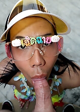 In this bareback hardcore scene, ladyboy Spoy sucks POV guy's hard cock and gets her tight hole fucked and creampied