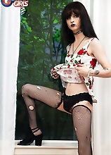 Slim tgirl Spite just can't wait to give a nice stretching to her tight hole! Watch her fucking herself with her dildo and stroking her big cock