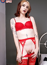 Dressed in a sexy red lingerie and stockings, Dusti Bunni can't wait to have some solo fun! Watch her posing and fucking herself with her toy